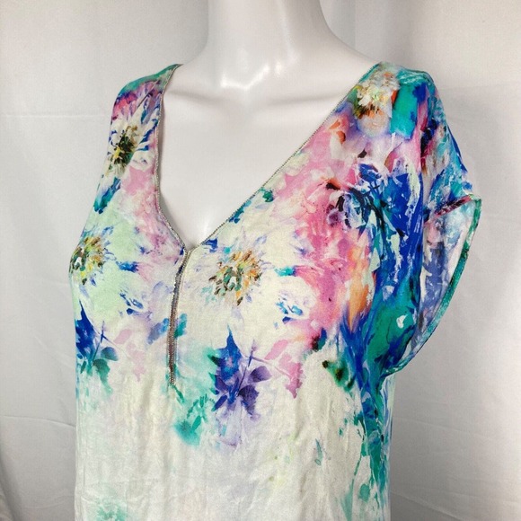 Promod Shirt Womens Sz S White Floral‎ Watercolor Short Sleeve V Neck - Picture 4 of 8